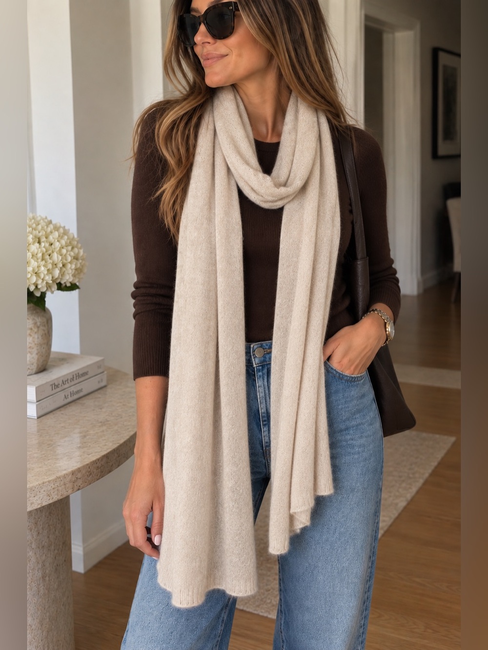 Minnie Rose 100% Cashmere Ecru Long Knit Cozy Wrap Scarf 96” NWT